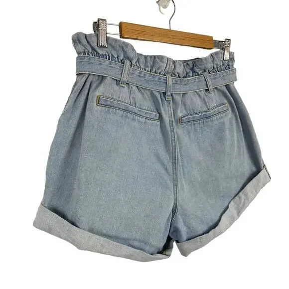FOREVER 21 BAGGY PAPERBAG HIGH RISE SHORTS WITH BELT LIGHT WASH SIZE 31 - Picture 6 of 10